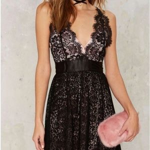 Nasty Gal Black Lace Mini Dress with Pink Lining